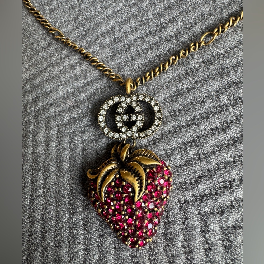 Gucci Crystal GG Marmont Strawberry Pendant Necklace